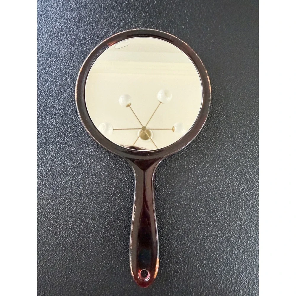 Vtg Faux Tortoiseshell Handheld Vanity Mirror Round Brown Amber Retro‎ READ